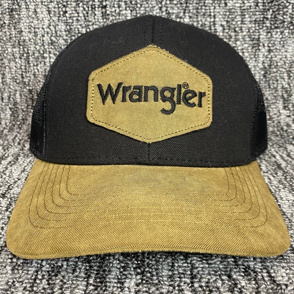 Wrangler Trucker Hat Mens OSFM Black Tan Patch‎ Mesh Snapback Western Cap